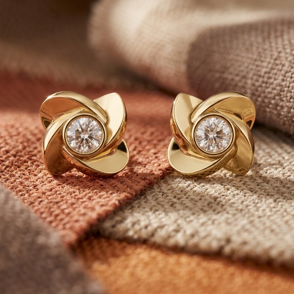925 Silver Round Moissanite Floral Swirl Solitaire Stud Earrings – 14K Gold Plated