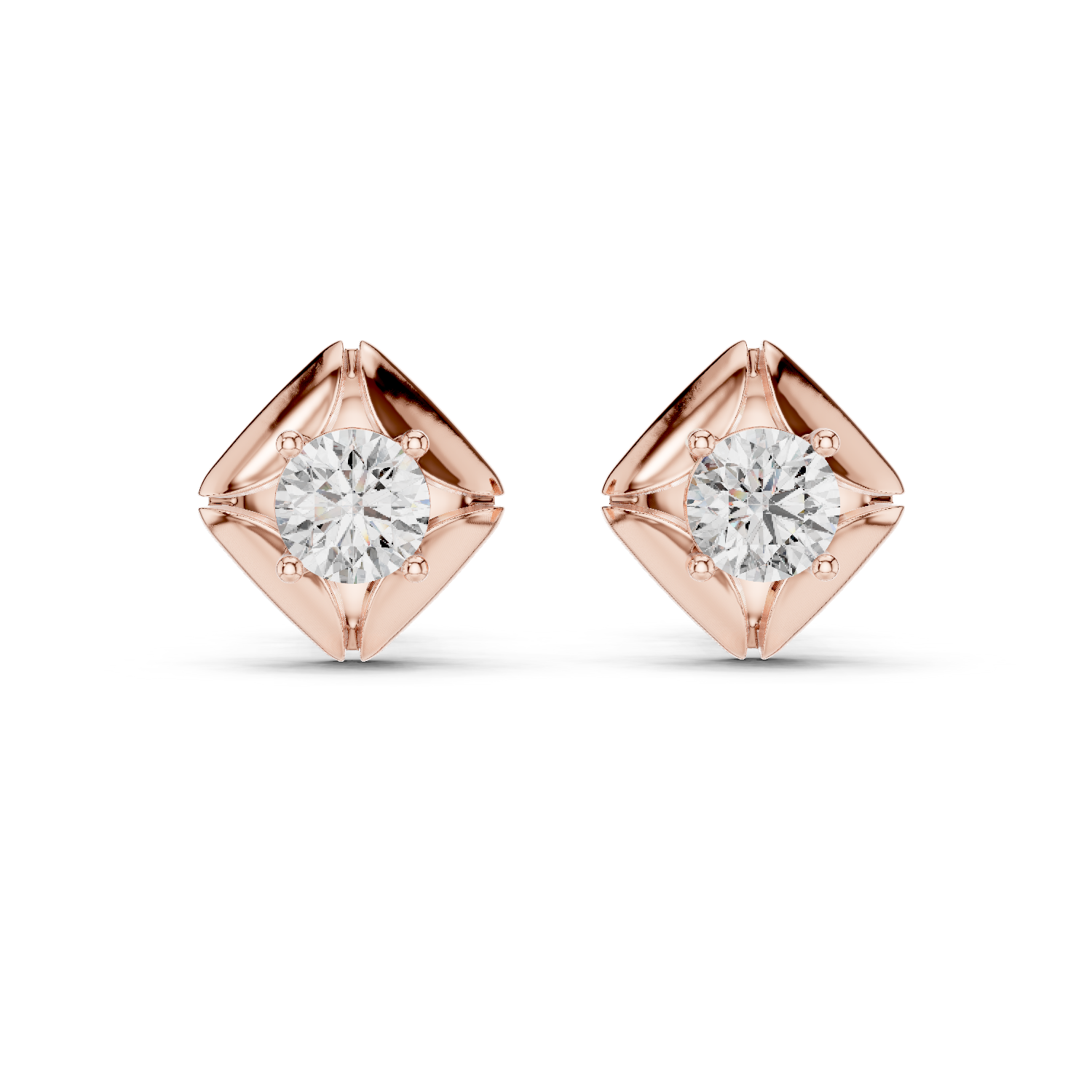 925 Silver Round Moissanite Geometric Petal Solitaire Stud Earrings – 14K Gold Plated
