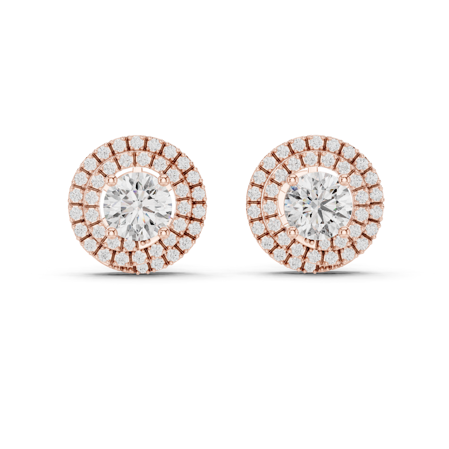 925 Silver Round Moissanite Double Halo Stud Earrings – 14K Gold Plated