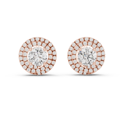925 Silver Round Moissanite Double Halo Stud Earrings – 14K Gold Plated