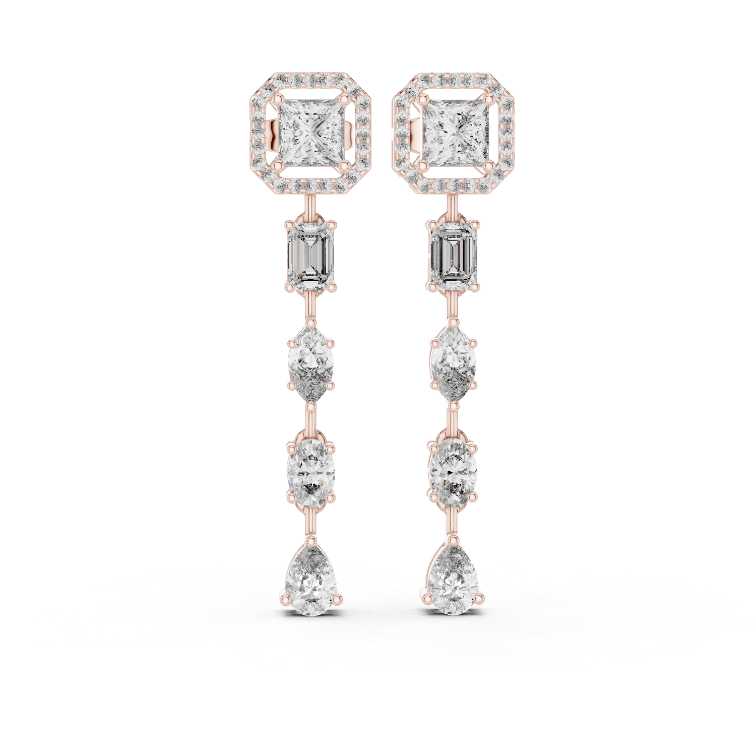 925 Sterling Silver Mixed-Cut Moissanite Linear Drop Dangle Earrings – 14K Gold Finish