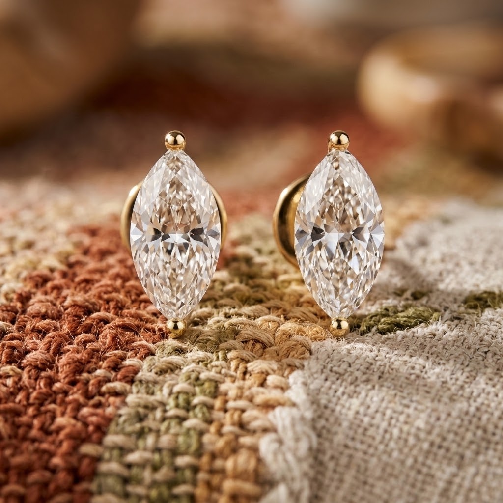 925 Silver Solitaire Marquise Moissanite Stud Earrings 14k Gold Plated