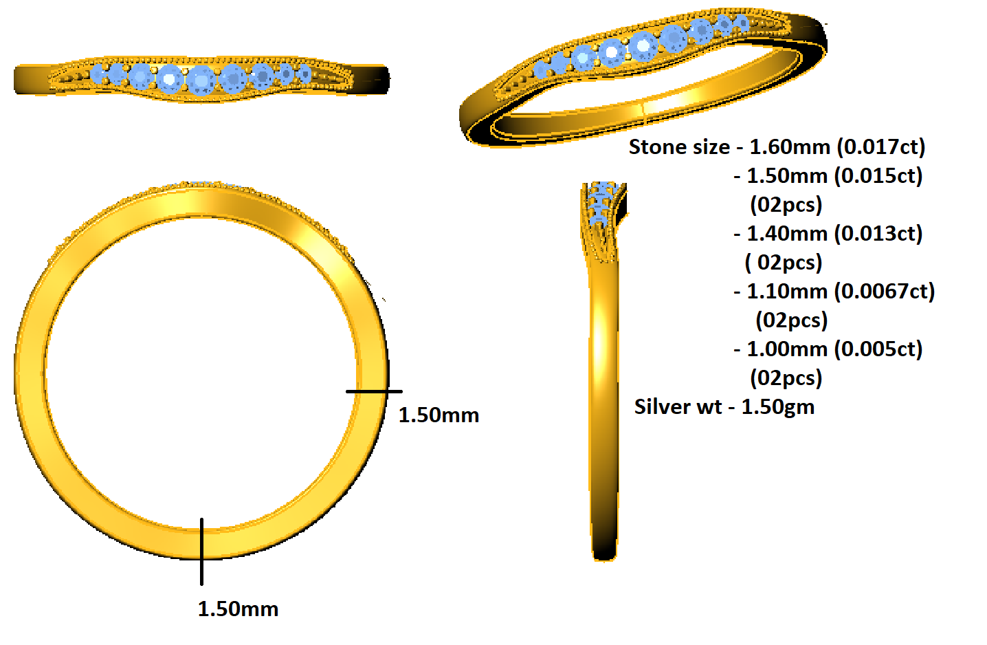 RKC 925 Argento 14K placcato oro giallo Fascia delicata in Moissanite per lei Peso 1,50 g Larghezza 1,4 MM