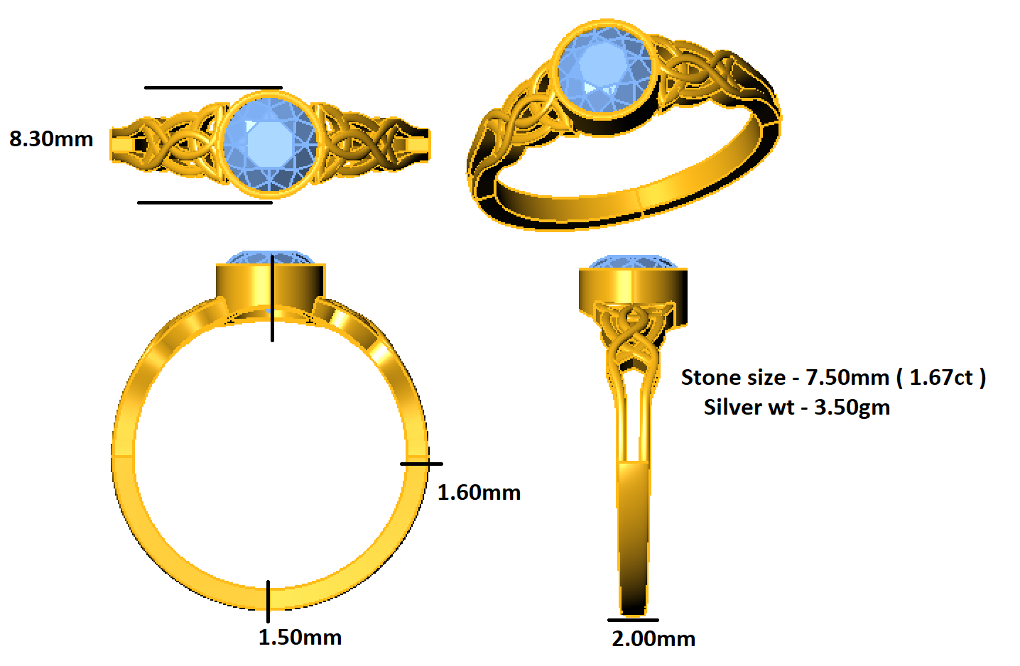 Anello solitario di fidanzamento con moissanite a taglio rotondo RKC, argento 925 placcato in oro giallo 14k, peso 3,50 g, larghezza 2 mm