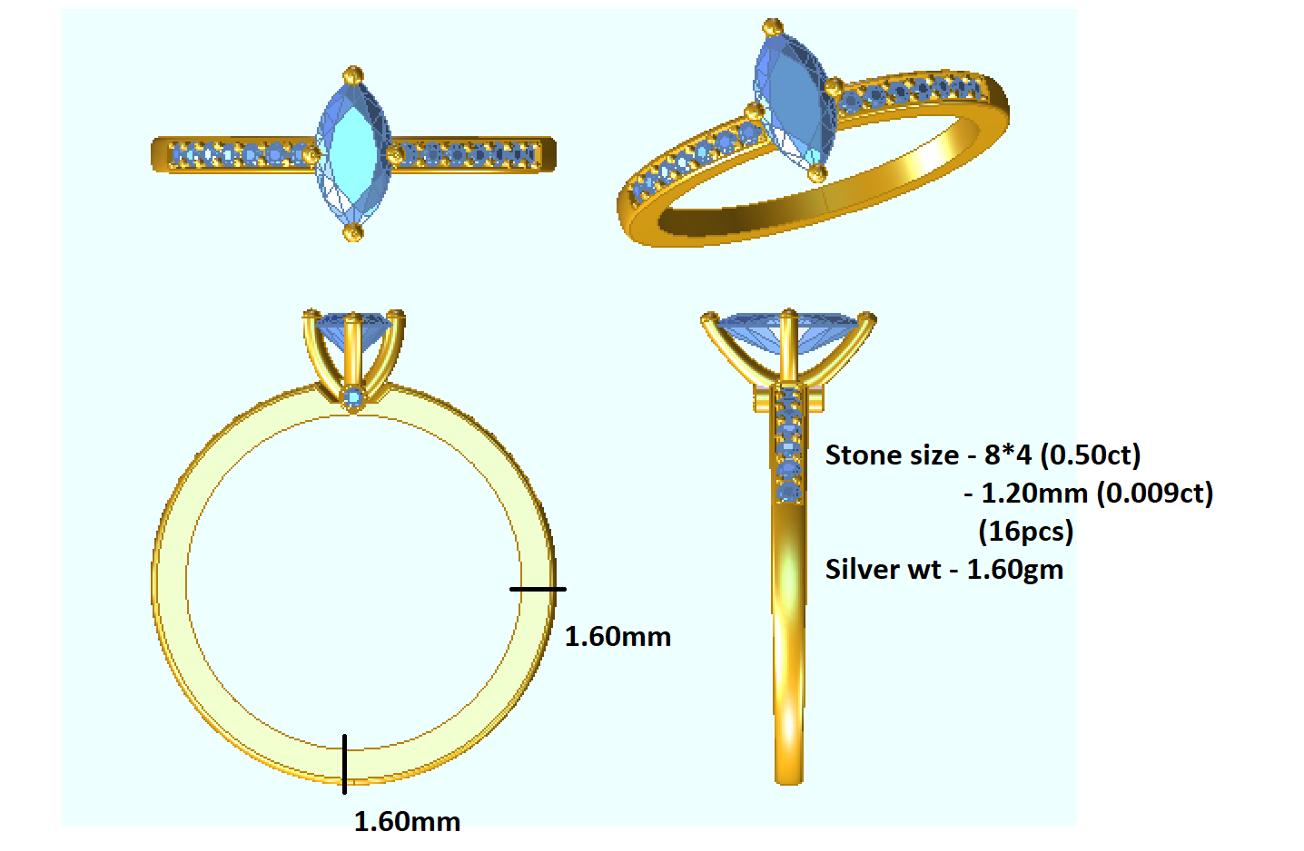 Solitario RKC Marquise Moissanite con accenti Fede nuziale in argento 925 placcato oro giallo 1,60 g