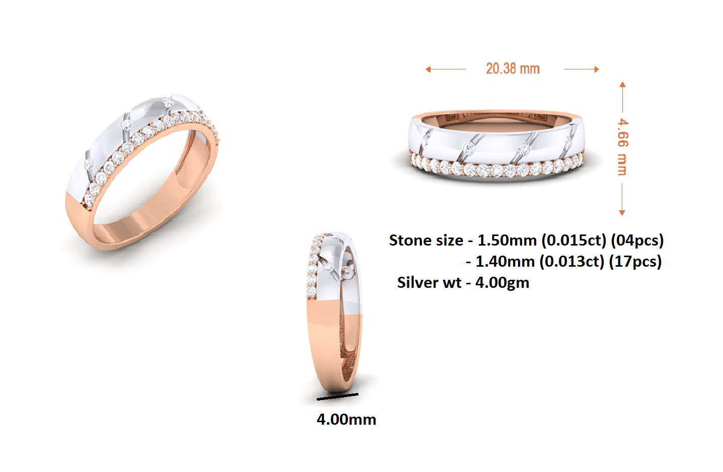 RKC 0,28 ct Moissanit 925 Sterling Silber vergoldeter Herren-Bandring für Valentinstagsgeschenk, Gewicht 4 g und Breite 4 mm