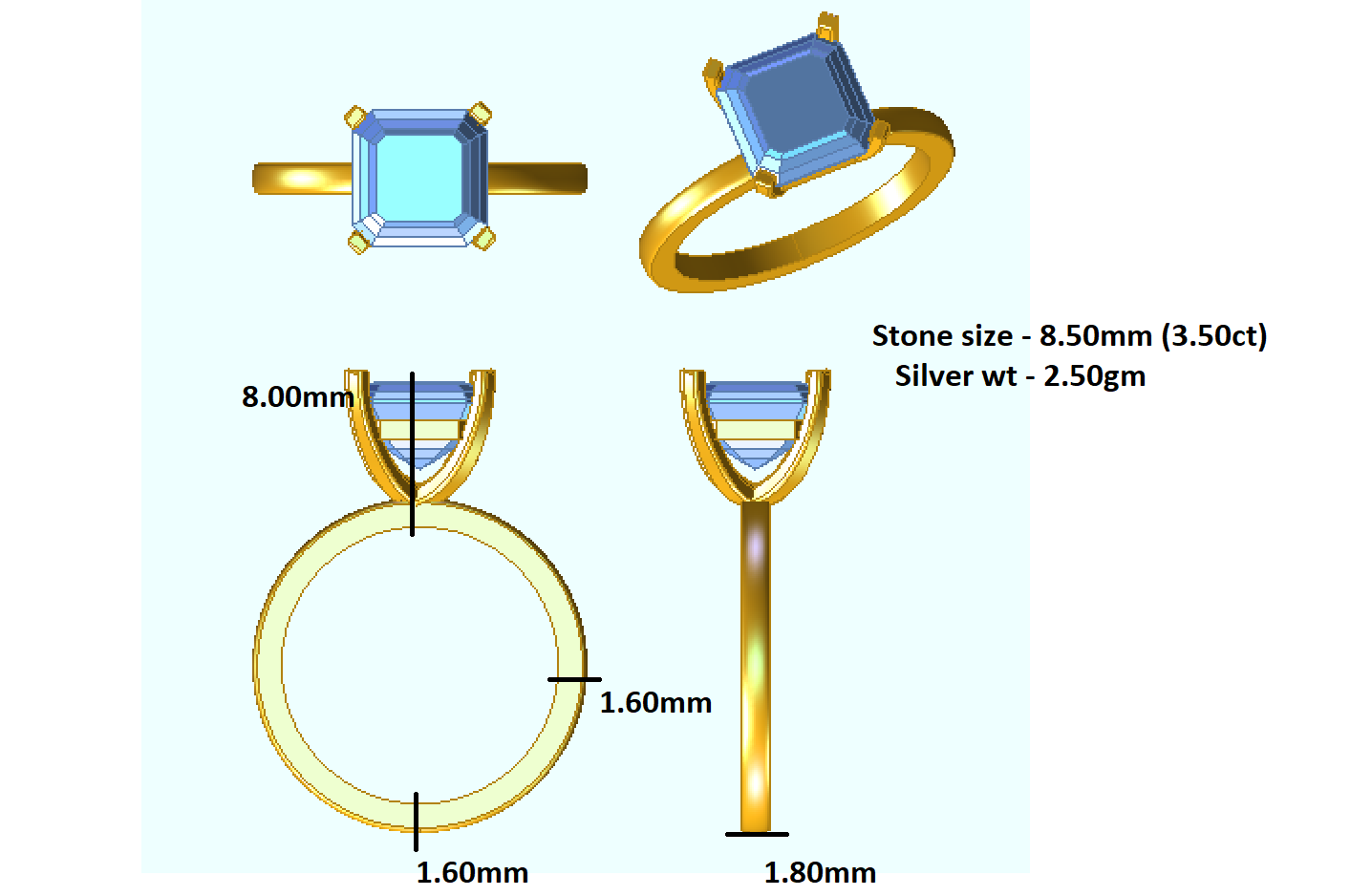 RKC 3,50 Karat Solitärring im Asscher-Schliff für Damen, Verlobungsring, 925er Sterlingsilber, 14 Karat Roségold vergoldet, Gewicht 2,50 g, Breite 1,80 mm