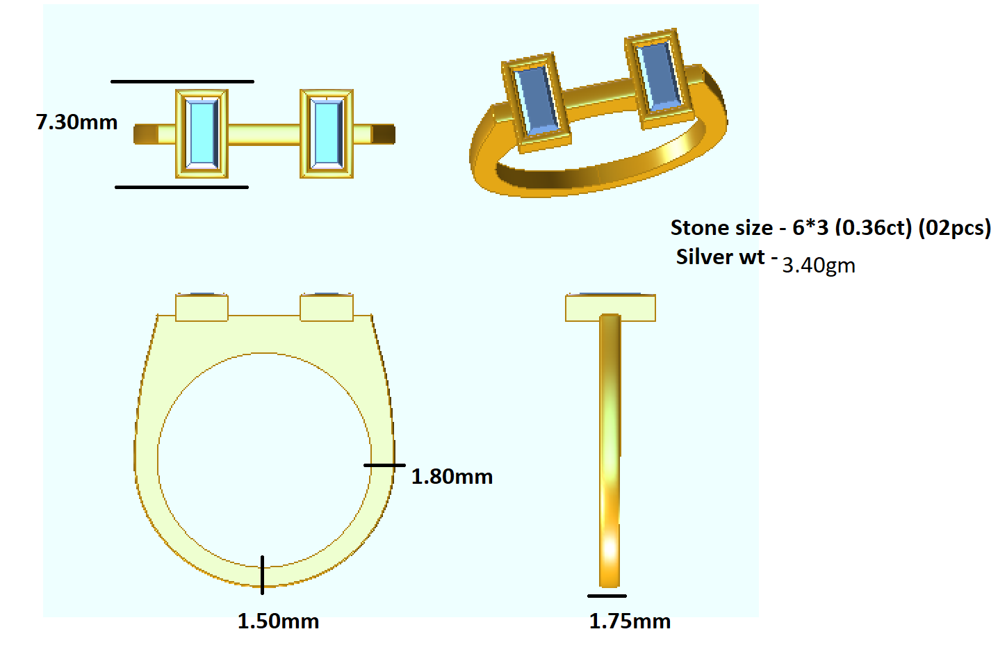RKC Ehering aus 925er-Sterlingsilber, Moissanit-Baguette-Bandring für Damen, Gewicht 3,40 g, Breite 1,75 mm