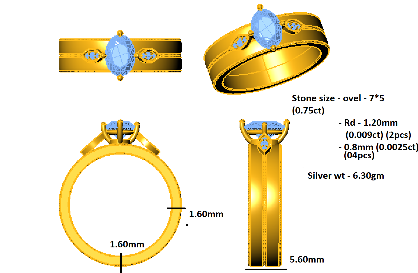 RKC Breiter Solitärring mit Akzenten, 925er Silber, 14 Karat Gelbgold vergoldet, Gewicht 6,30 g, Breite 5,60 mm