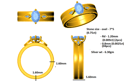 RKC Breiter Solitärring mit Akzenten, 925er Silber, 14 Karat Gelbgold vergoldet, Gewicht 6,30 g, Breite 5,60 mm