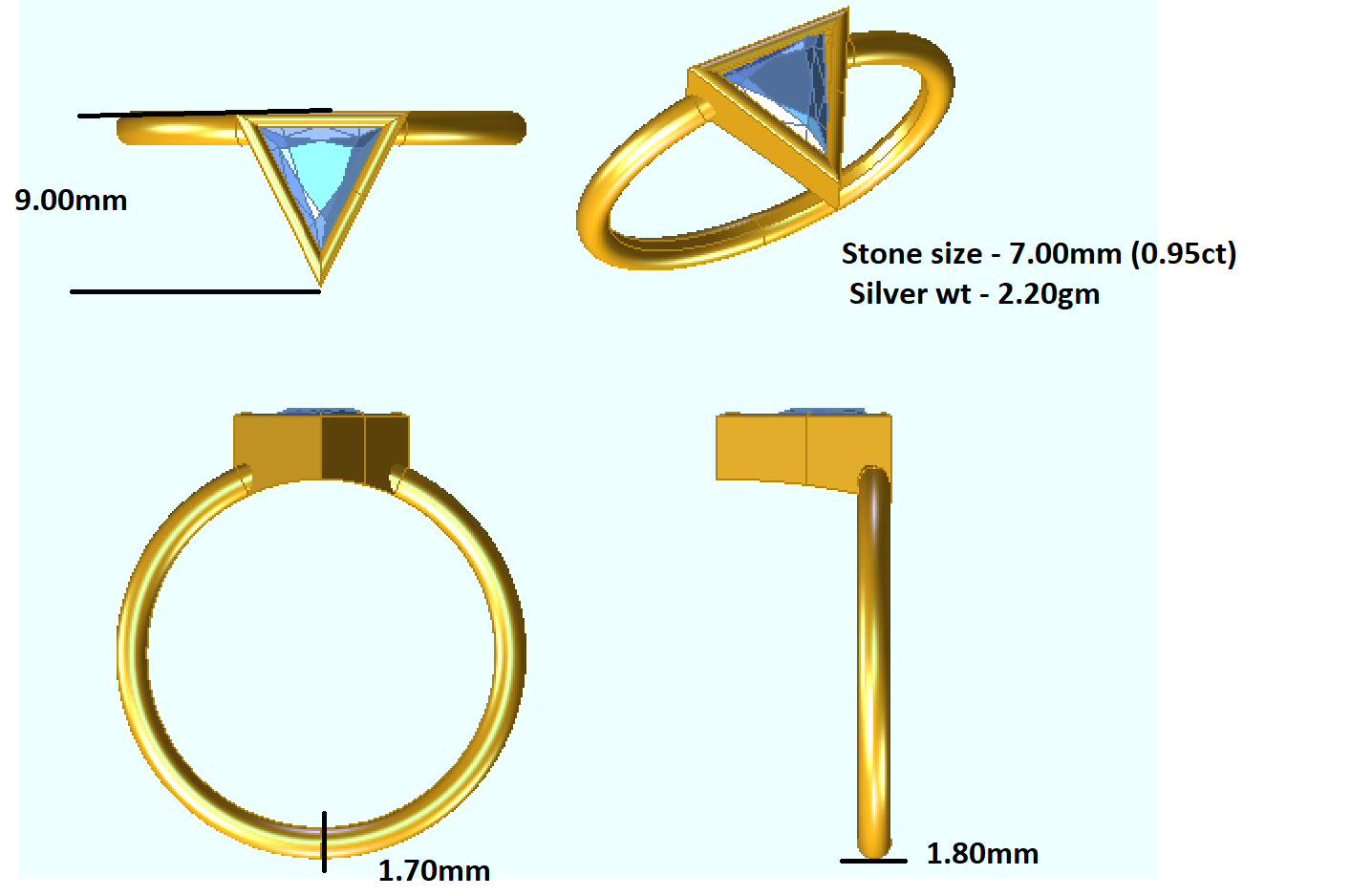 Fede nuziale da donna con taglio Trillion RKC Anello solitario in argento 925 placcato in oro bianco 14 carati Peso 2,20 g Larghezza 1,80 mm