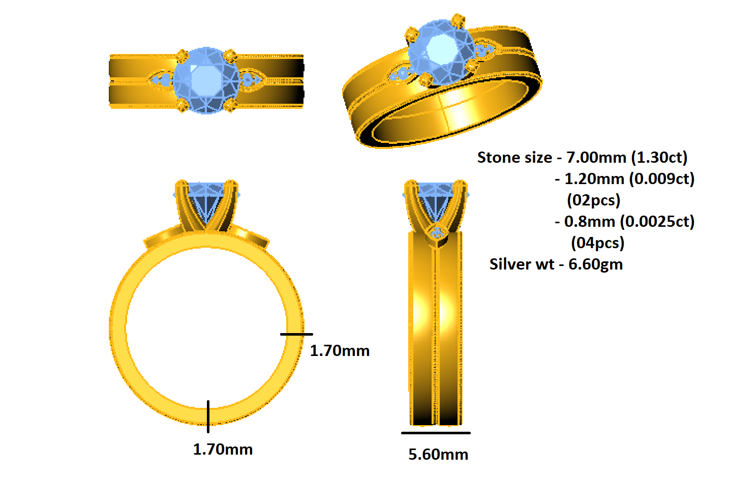 Solitario rotondo in moissanite RKC con accenti Anello da donna in argento placcato in oro giallo 14 carati Peso 6,60 g Larghezza 5,60 mm