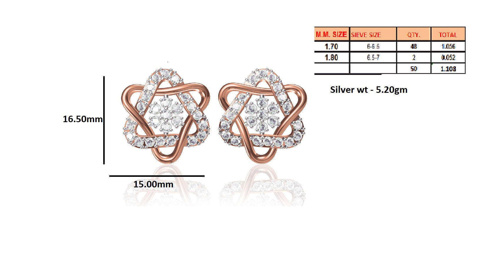 RKC Damen-Ohrstecker aus 925er-Sterlingsilber mit Schraubverschluss, 14-Karat-Rose, Produktgewicht: 5,20 GM, Höhe: 16,50 mm