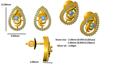 Orecchino da donna a forma di pera da donna in argento sterling RKC 925, giallo 14k, peso prodotto 2,60 GM, altezza pietra 12,80 mm