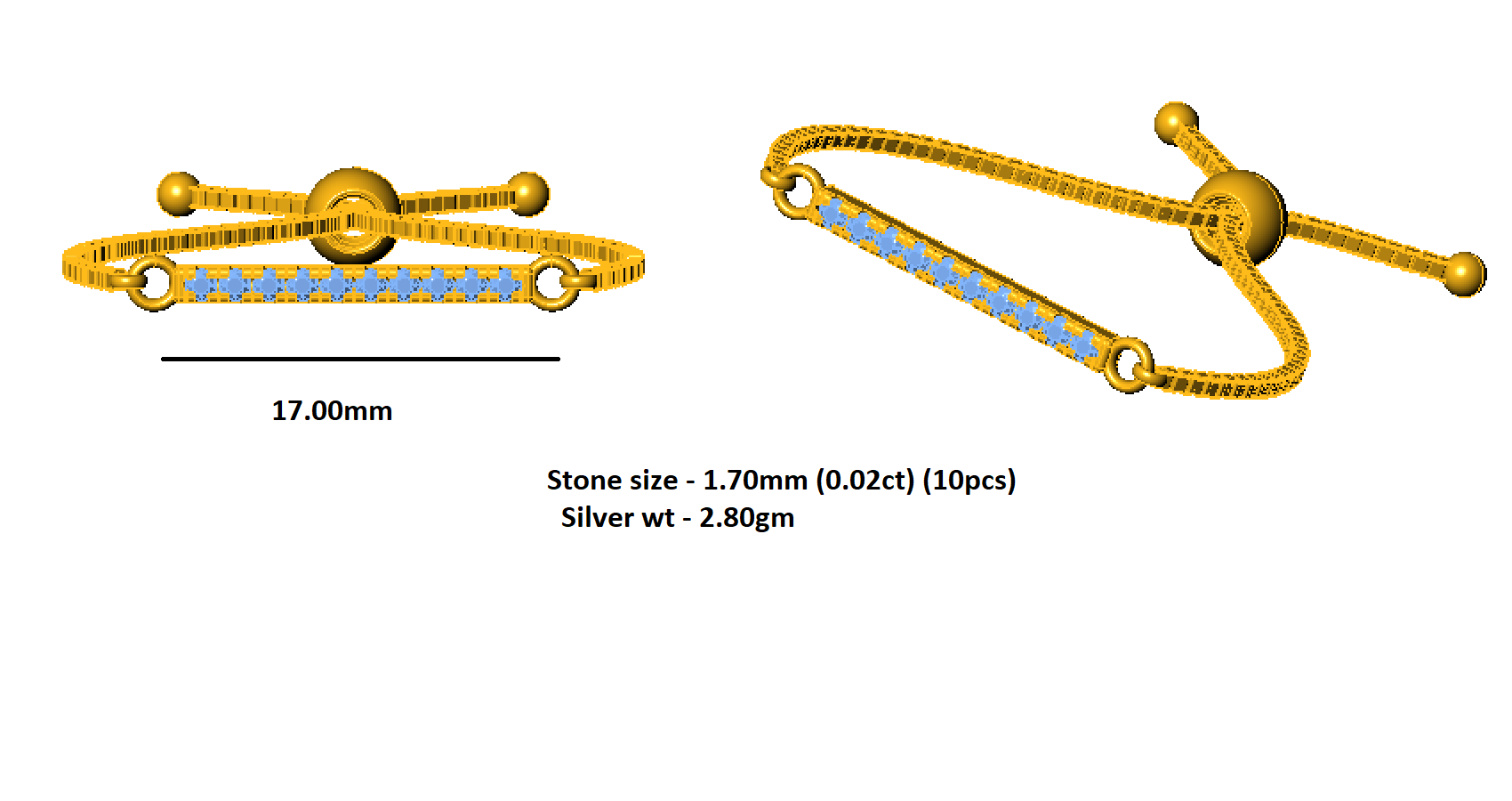 Bracciale regolabile Bolo da donna multiplo in argento sterling RKC 925 con peso di carati 0,2 CT, placcato in oro giallo 14 carati, peso del prodotto 2,80 GM