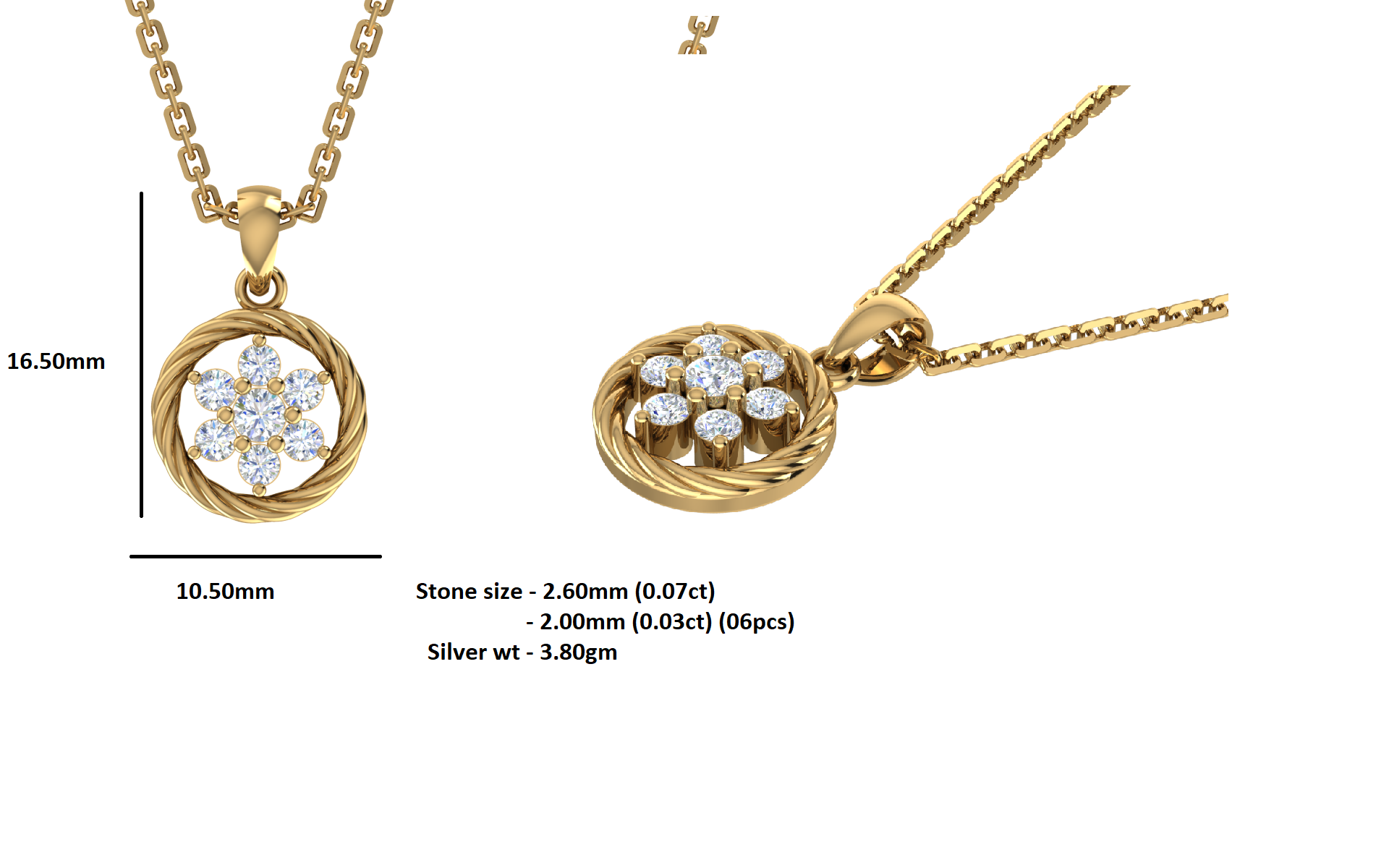 Ciondolo floreale in moissanite da 0,25 ct RKC, gioielli in argento 925, placcato in oro giallo 14 carati, peso 3,80 g, altezza 16,50 mm