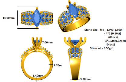 RKC Marquise-Schliff-Moissanit-Verlobungsring, 925er Silber, 14 Karat Weißgold vergoldet, Gewicht 5,50 g, Breite 3,70 mm