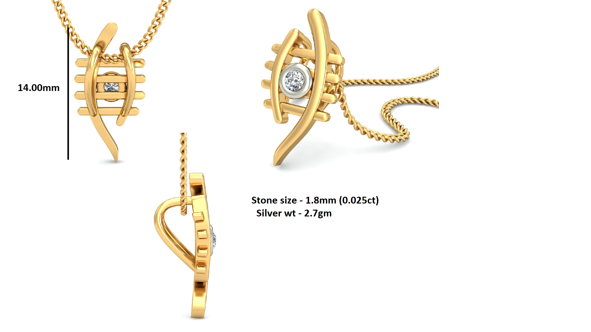 RKC Evil Eye Argento Ciondolo da donna in moissanite da 0,025 CT Finitura in oro giallo 14K Catena libera Peso 2,7 g Altezza 14 mm