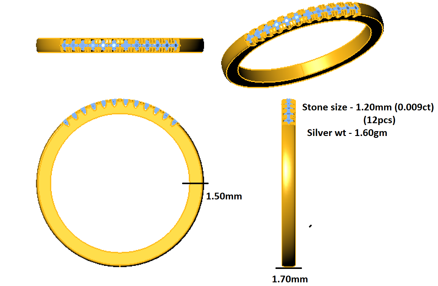 RKC Moissanite Half Eternity Promise Band Anello in argento sterling 925 in oro giallo 14K su fascia per lei Peso 1,60 g Larghezza 1,70 mm