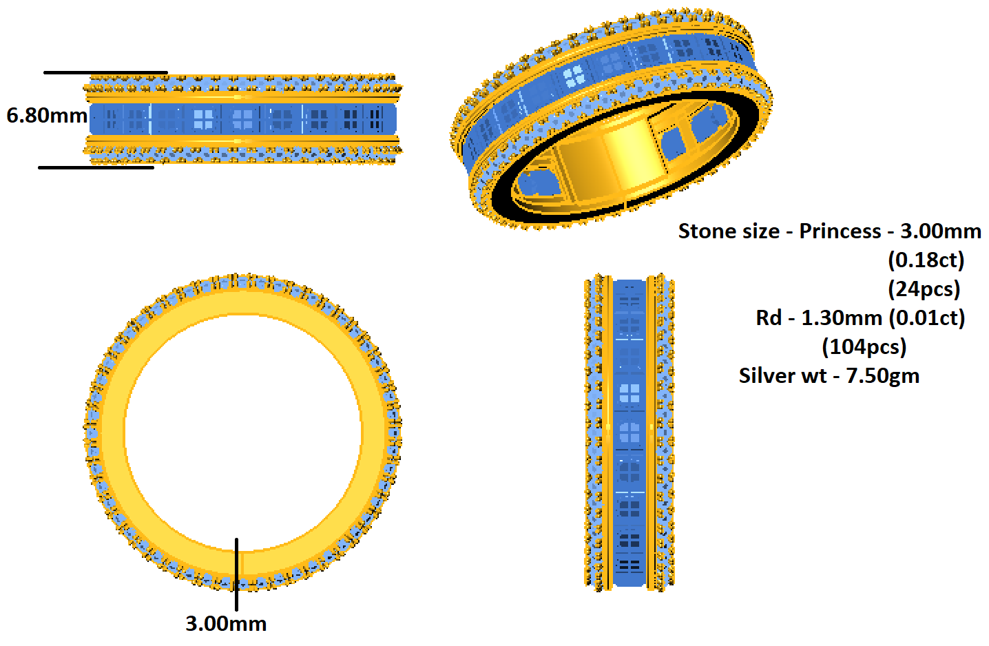 Fede nuziale di fidanzamento con moissanite taglio principessa RKC, argento 925, placcato oro bianco 14 carati, peso 7,50 g, larghezza 6,80 mm