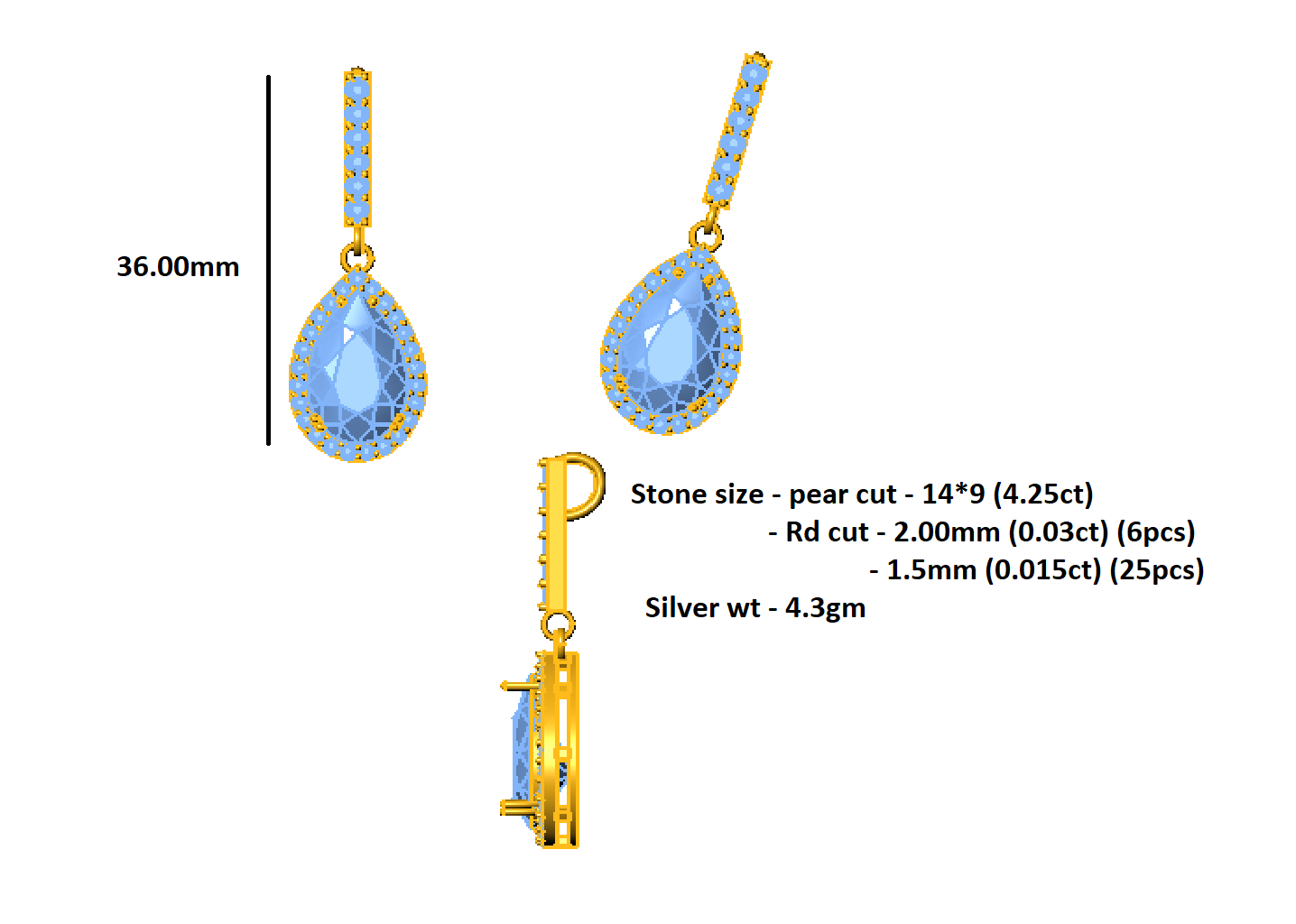 Ciondolo con ciondolo in moissanite e zaffiro RKC Soulmate Sparkle da 4,68 carati, finitura in oro bianco 14 carati, peso 4,3 g, altezza 36 mm.
