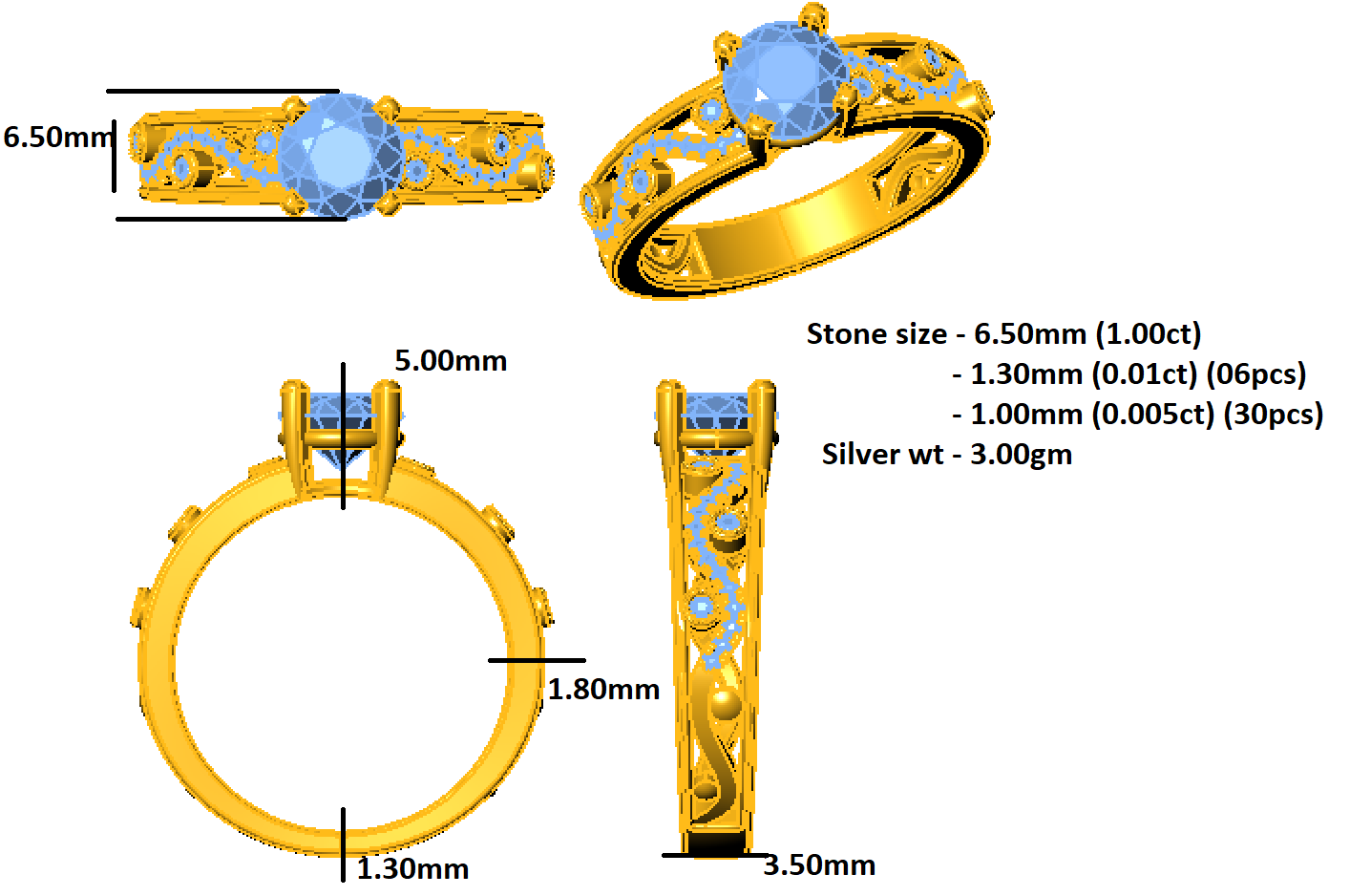 Fede nuziale solitario RKC Moissanite Miligrain Anello in argento 925 placcato oro Peso 3 g Larghezza 3,50 mm