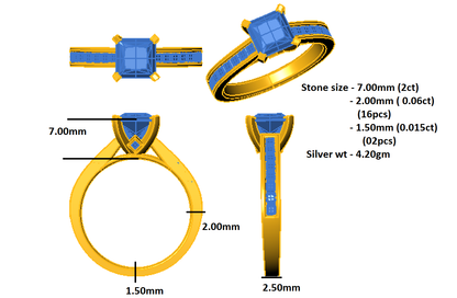 RKC 2,99 ct Prinzessin Moissanit Verlobungsring 925 Silber 14 Karat Weißgold vergoldet für Damen, Gewicht 4,20 g, Breite 2,50 mm