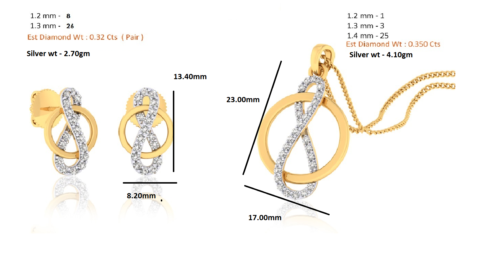 RKC 925 Silber Golden Gesamtgewicht 0,67 Karat Moissanit Anhänger Gewicht 4,10 g und Gewicht Ohrring 2,70 g, besetzt mit 14 Karat Gelbgold plattiert