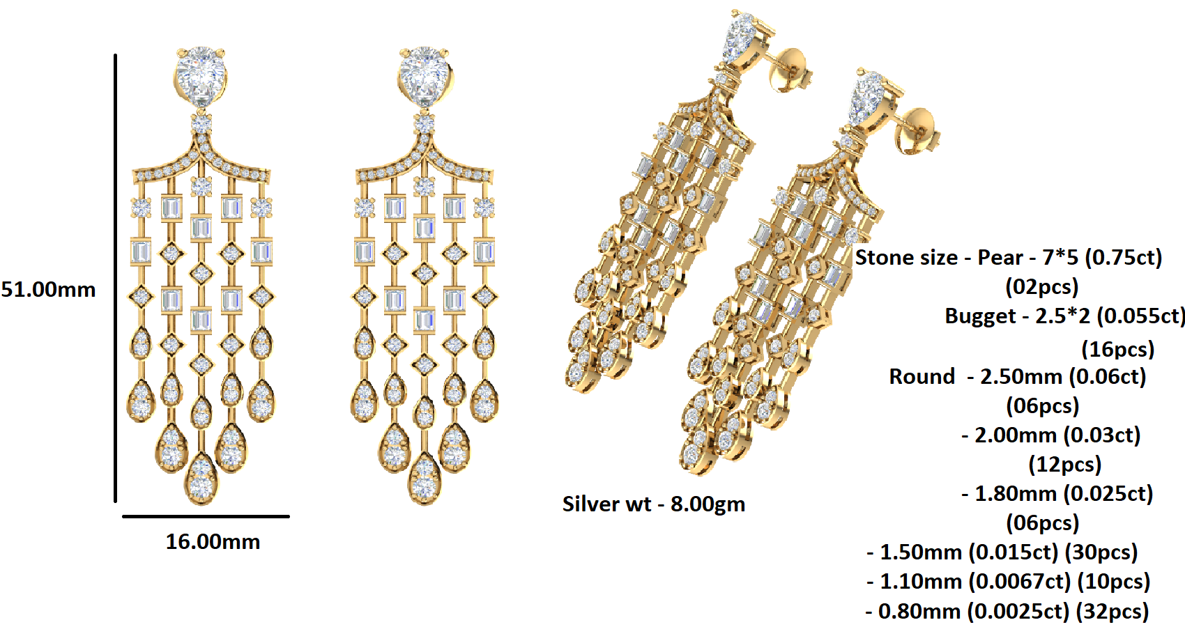 Orecchino da donna con pendente Halo in argento sterling RKC 925, oro giallo 14k, peso 8,00 GM, altezza 51,00 mm