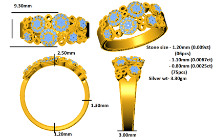 RKC Moissanit-Blumenkreis-Ehering, 925er Silber, 14 Karat Gelbgold plattiert, Bandgewicht 3,30 g, 3 mm
