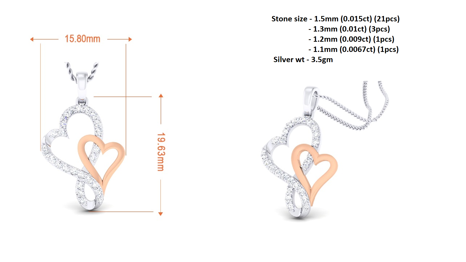 Bellissimo ciondolo a doppio cuore con moissanite in argento RKC da 0,34 ct, finitura in oro bianco 14 carati, peso 3,5 g, altezza 19,63 mm.