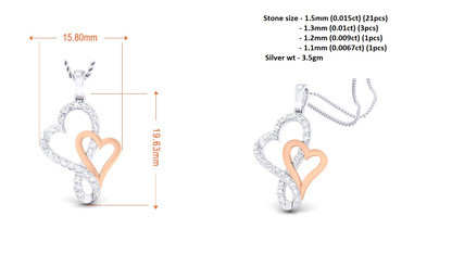 Bellissimo ciondolo a doppio cuore con moissanite in argento RKC da 0,34 ct, finitura in oro bianco 14 carati, peso 3,5 g, altezza 19,63 mm.