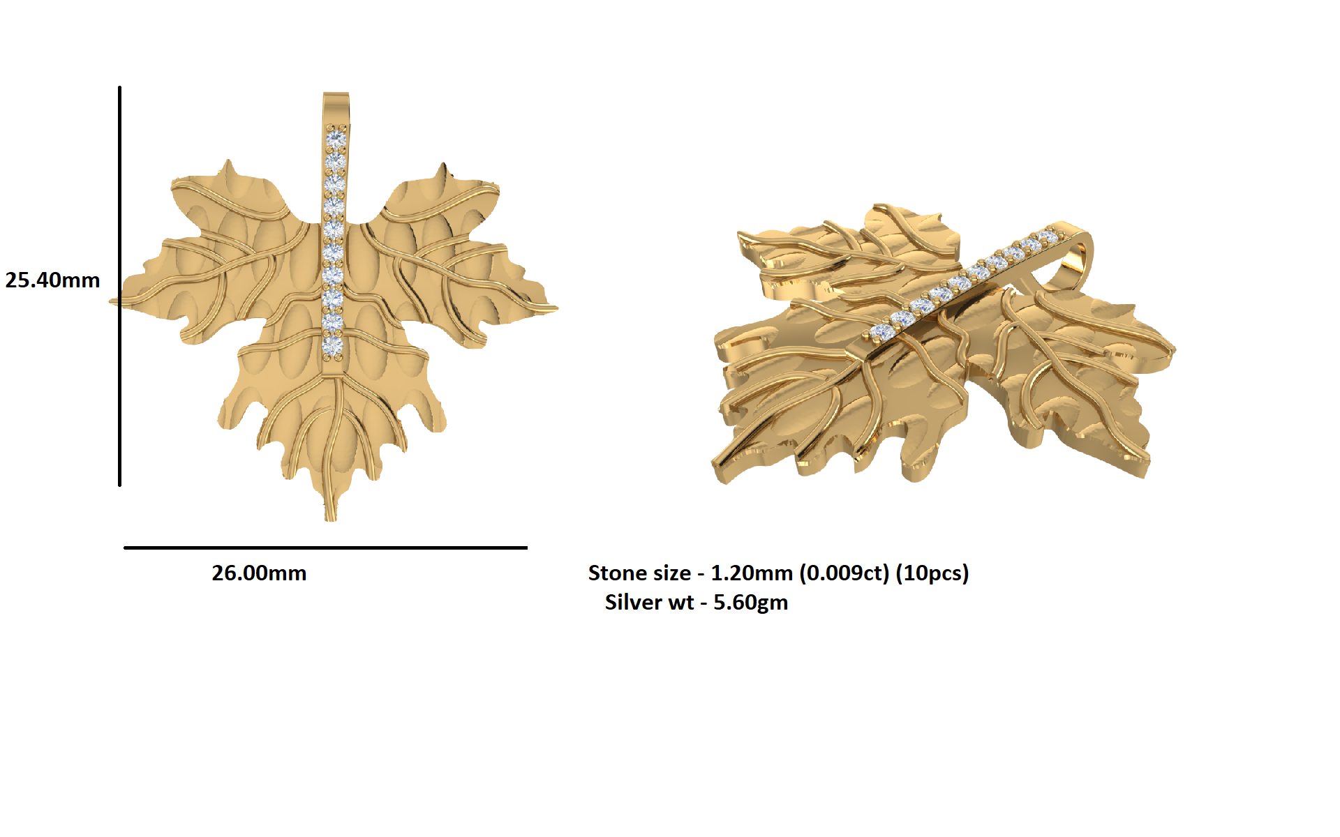 RKC 0,09 Karat Moissanit-Blatt-Anhänger, 925er Silber, Schmuck, 14 Karat Gelbgold vergoldet, Gewicht 5,60 g, Höhe 24,40 mm