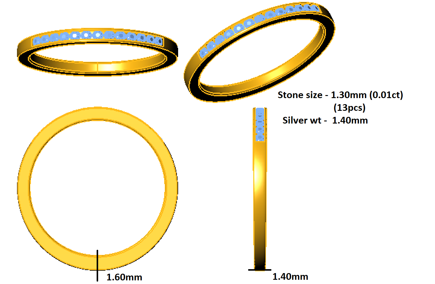 RKC-Moissanit-Rundschliff, passender stapelbarer Ring, 925er-Sterlingsilber, Band mit 14-karätigem Gelbgold vergoldet, Gewicht 1,40 g, Breite 1,40 mm