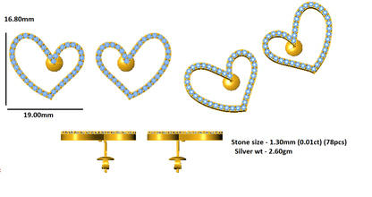 Orecchino da donna a forma di cuore in argento sterling RKC 925 con prodotto giallo 14k, peso 2,60 GM, altezza 16,80 mm
