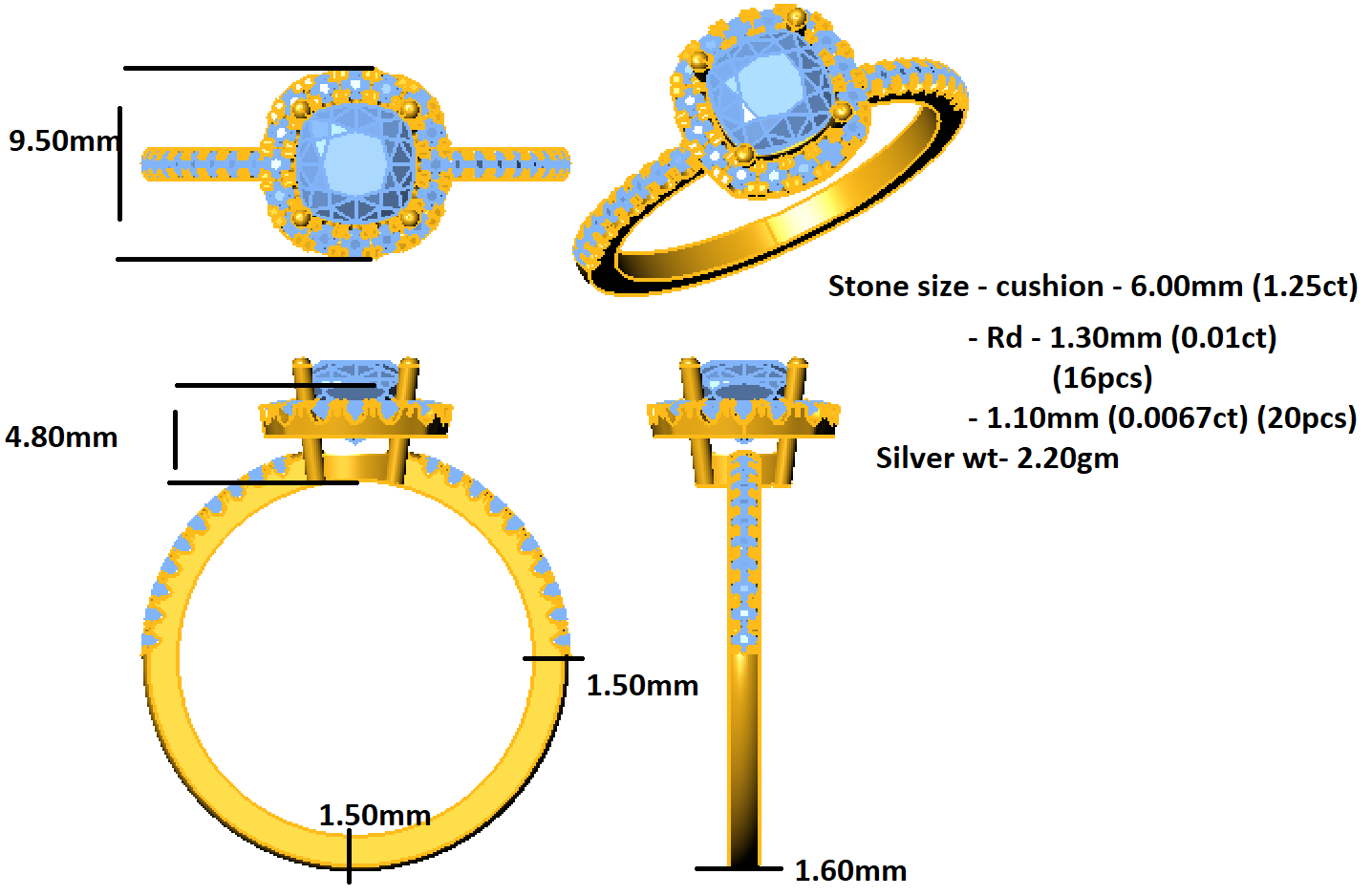 Anello da donna RKC con taglio a cuscino Moissanite Halo per occasioni speciali, argento sterling 925 placcato oro giallo 14 carati, peso 2,20 g, larghezza 1,60 mm
