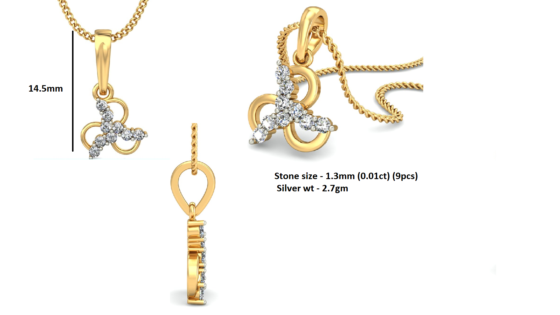 RKC Blumenförmiger 0,09 Karat Moissanit-Jubiläumsgeschenk-Anhänger, 14 Karat Gelbgold vergoldet, Gewicht 2,7 g, Höhe 14,5 mm
