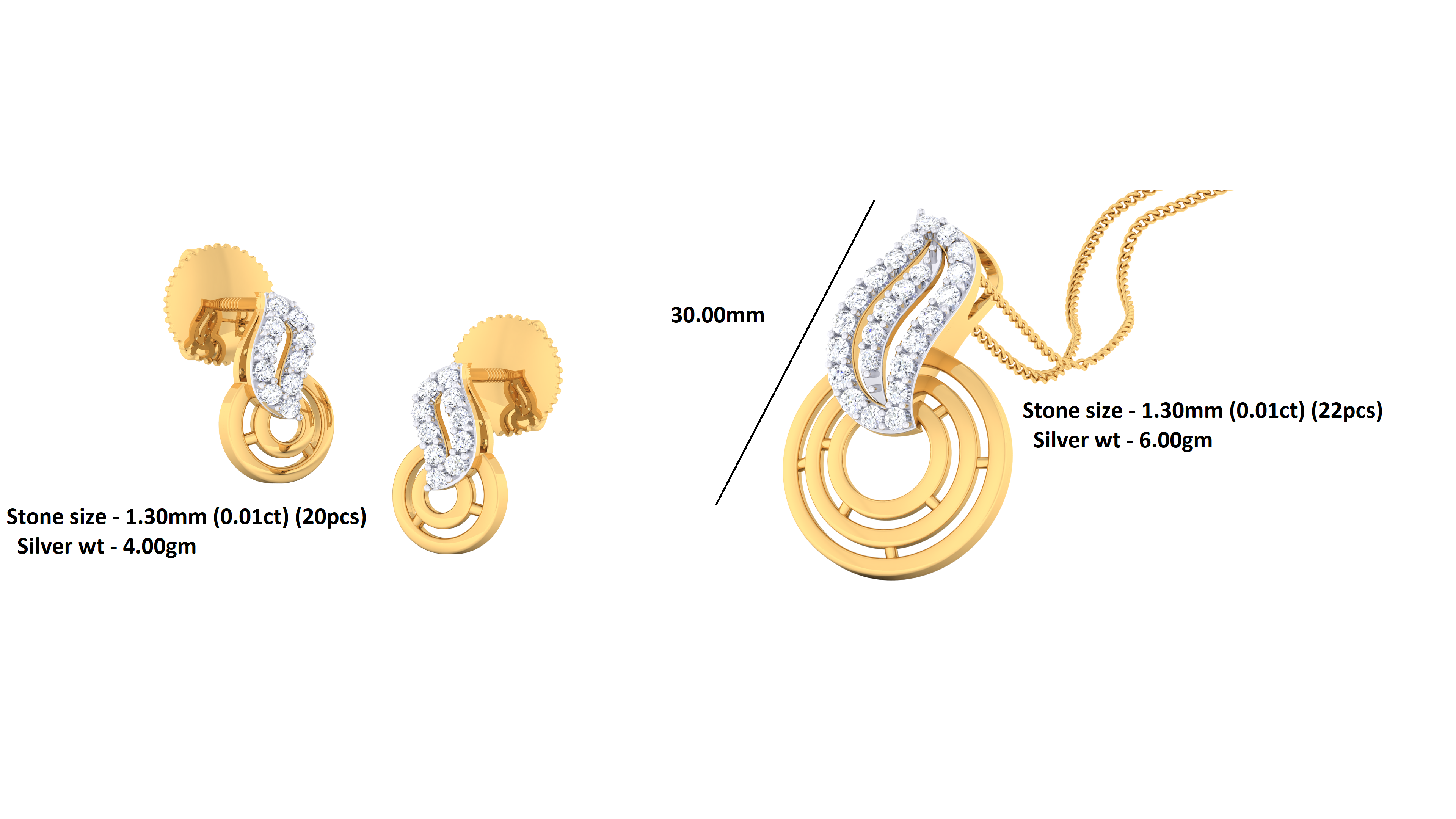 RKC Wunderschönes, glänzendes goldenes 0,42-Karat-Moissanit-Anhänger-Ohrring-Set mit 14-Karat-Gelbgold-Finish, Gewicht 10 g