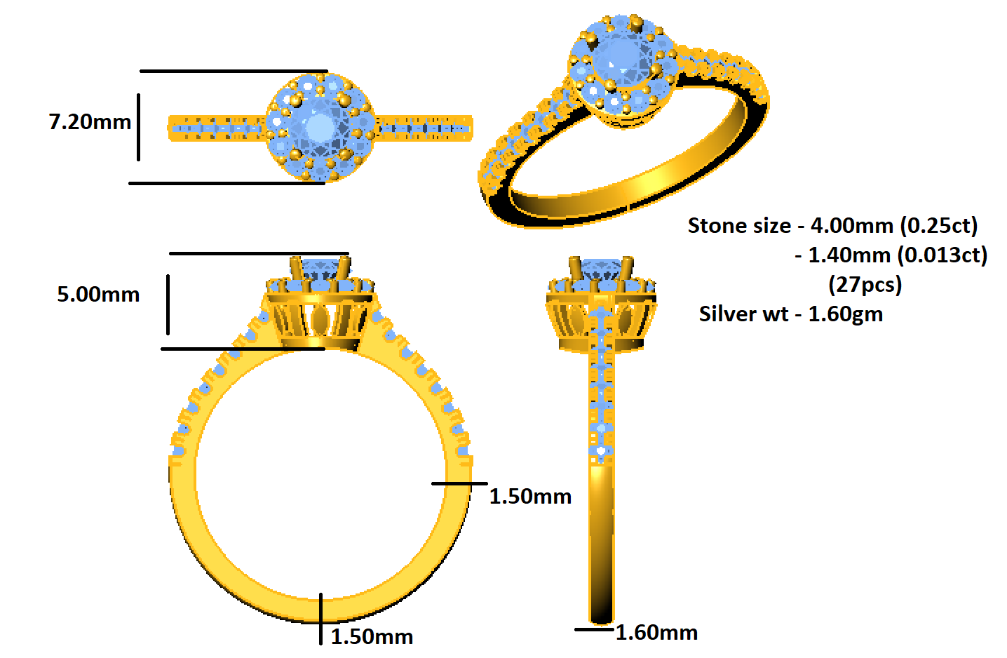 Anello di fidanzamento RKC Moissanite taglio rotondo Halo Flower Halo per donna argento 925 placcato oro giallo 14 carati peso 1,60 g