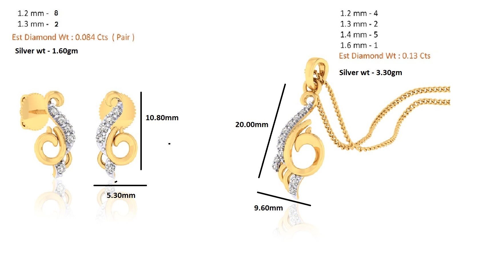 RKC 925 Silber Golden Gesamtgewicht 0,21 Karat Moissanit Anhänger Gewicht 3,30 g und Gewicht Ohrring 1,60 g, besetzt mit 14 Karat Gelbgold plattiert