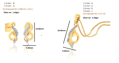 RKC 925 Silber Golden Gesamtgewicht 0,21 Karat Moissanit Anhänger Gewicht 3,30 g und Gewicht Ohrring 1,60 g, besetzt mit 14 Karat Gelbgold plattiert