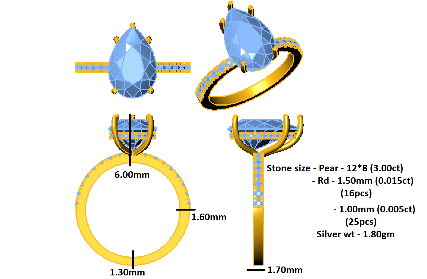 RKC Moissanit-Valentine-Spezial-Silber-Verlobungsring im Birnenschliff, 925er Silber, 14 Karat Weißgold plattiert, Gewicht 1,80 g, Breite 1,70 mm