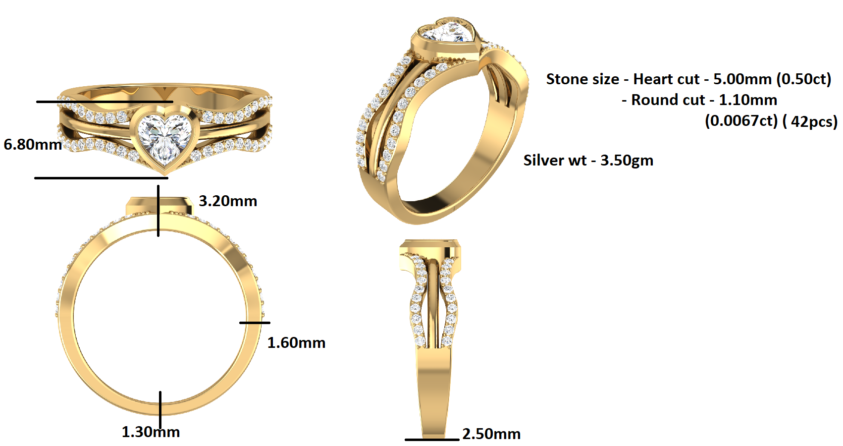 RKC Herz-Moissanit-Verlobungsring, 925er Silber, 14 Karat Weißgold vergoldet, für Damen, Gewicht 3,50 g