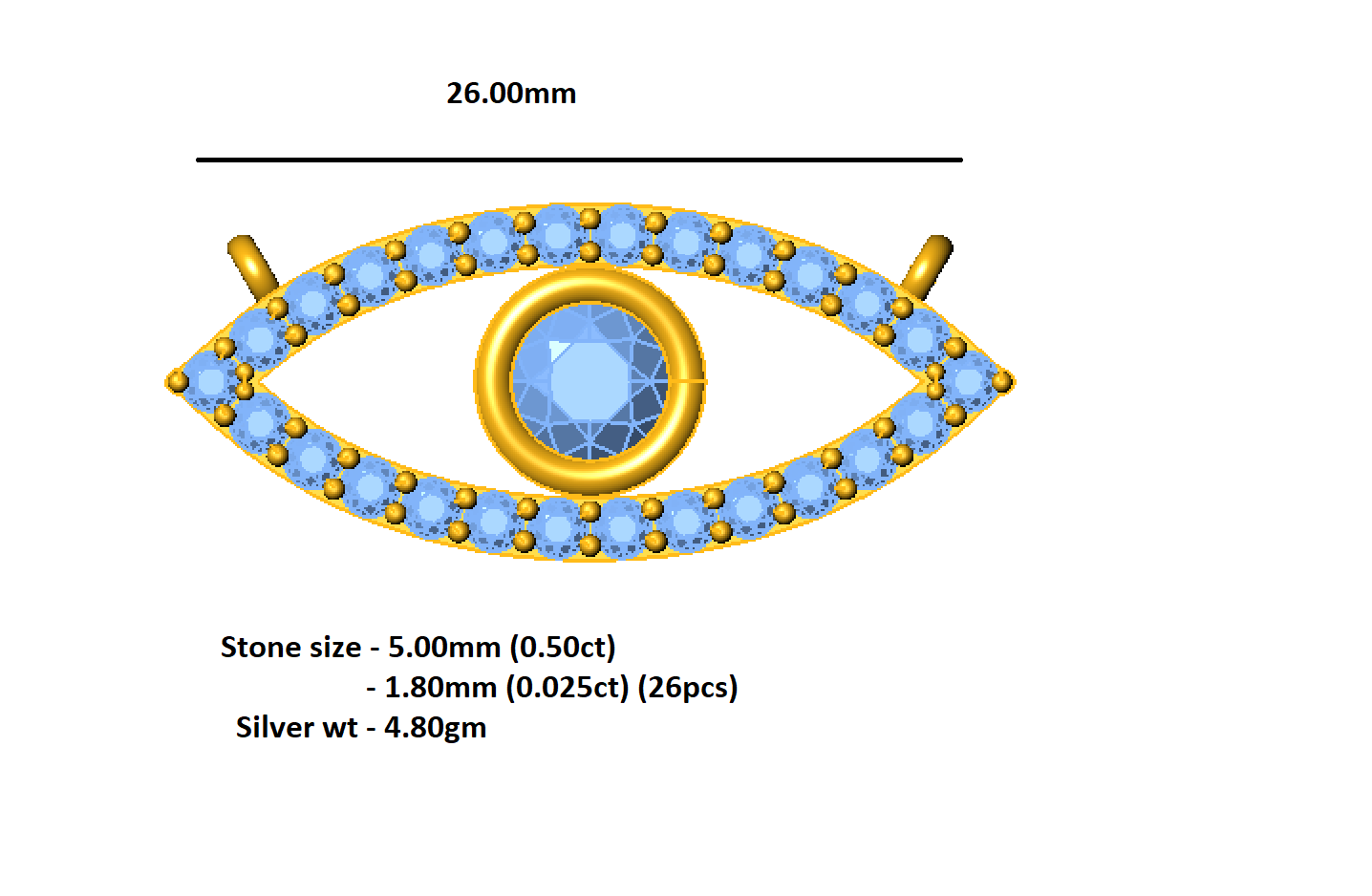 Ciondolo malocchio RKC Glamour da 1,15 ct, bianco 14 carati su argento, peso 4,80 g, larghezza 26,00 mm