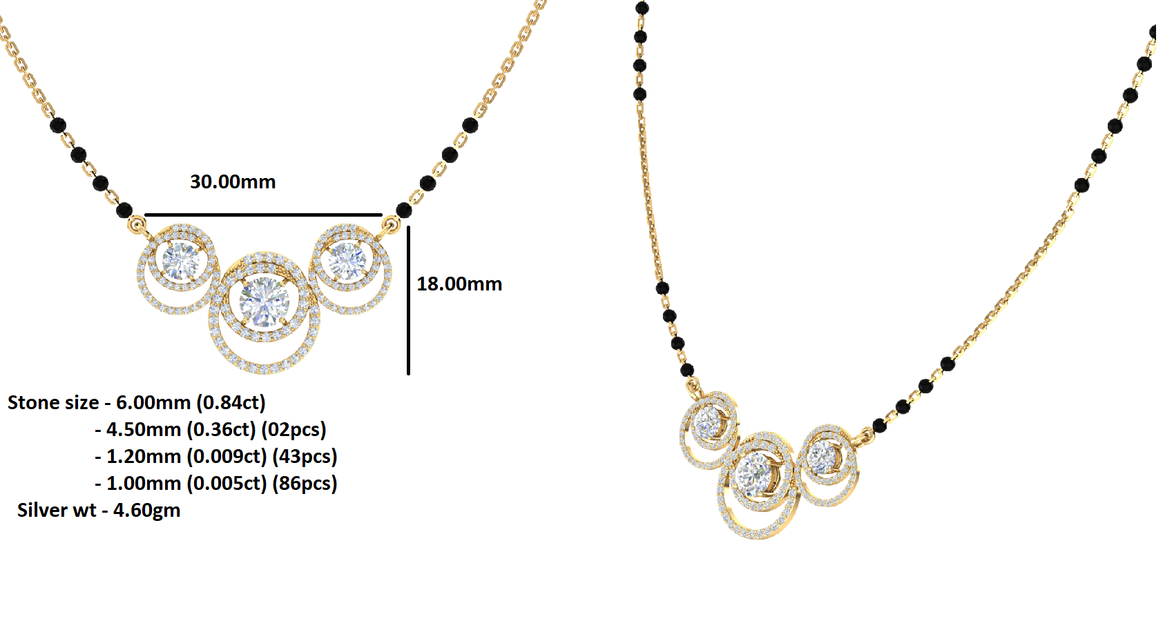 RKC 2,4 CT Moissanit Damen Mangalsutra 925 Silber 14k Gelbgold plattiert Produktgewicht 4,60 GM Höhe 18,00 MM