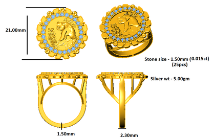 RKC Moissanit-Rundschliff-Panda-Münzring für Damen, 925er Silber, 14 Karat Gelbgold vergoldet, Gewicht 5 g, Breite 2,30 mm
