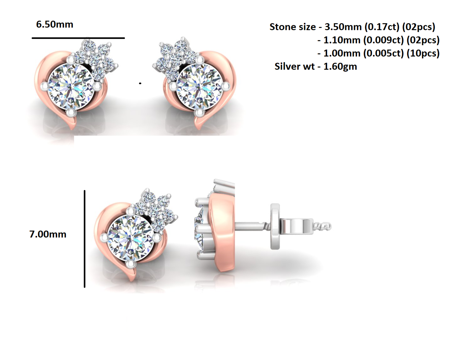 Orecchino a bottone speciale per la festa della mamma in argento 925 con Moissanite RKC Finitura oro bicolore 1,60 Gm Altezza 7,00 MM