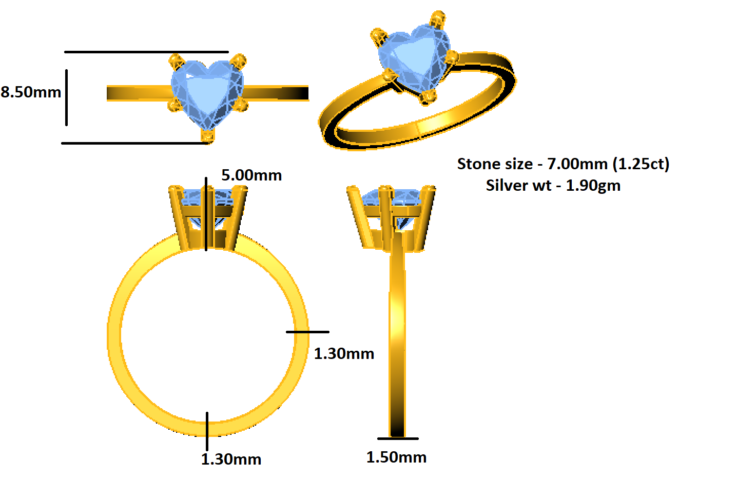 RKC Moissanit Schöner herzförmiger Solitärring aus 925er Sterlingsilber, 14 Karat Roségold vergoldet, Gewicht 1,90 g, Breite 1,50 mm
