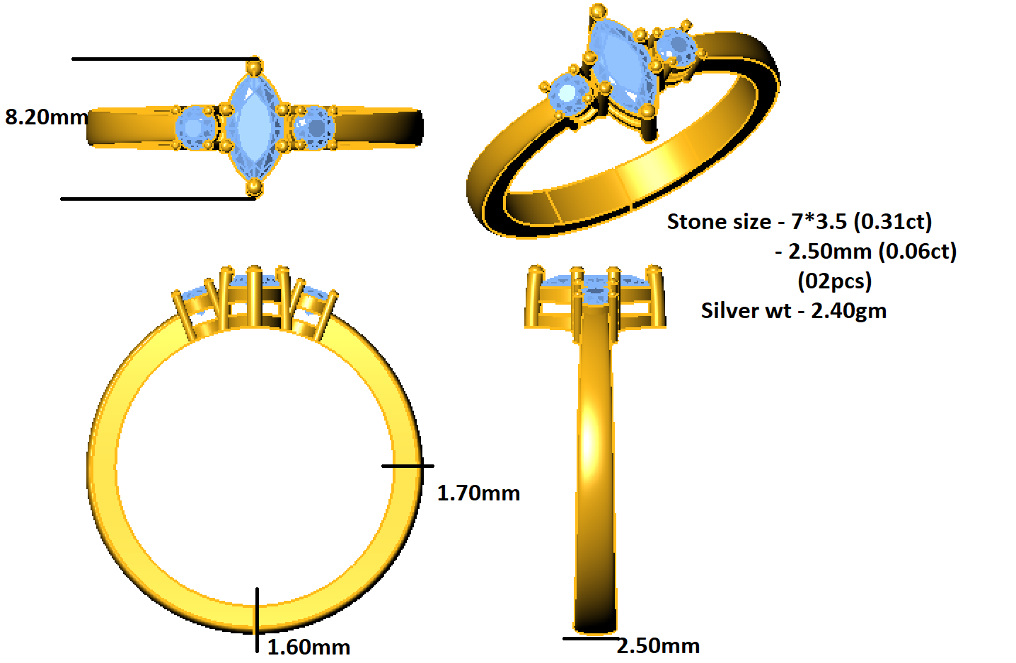 RKC Marquise-Moissanit-Statement-Ring, 925er Silber, 14 Karat Gelbgold vergoldet, Ring für Damen, Gewicht 2,40 g, Breite 2,50 mm