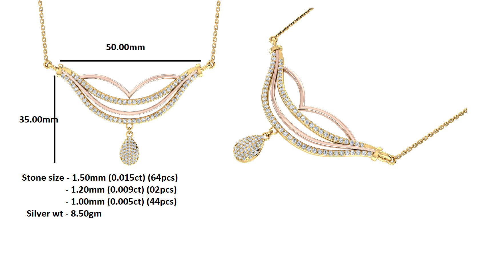 RKC 1,198 Karat Moissanit-Tropfen-Halsketten-Set, 925er Silber, 14 Karat Rosévergoldung, Produktgewicht: 8,50 g, Höhe: 35,00 mm